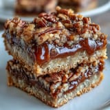 Golden-brown Decadent Sweet and Chewy Turtle Bars topped with chopped pecans and drizzling caramel on a rustic table.