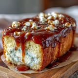 Two golden-brown Caramel Cream Cheese Bread slices stacked on a white plate, revealing creamy cheesecake-like center. 