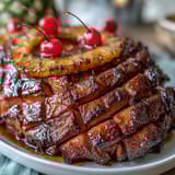 A festive honey glazed ham centerpiece, caramelized with a sticky glaze and crowned with pineapple slices and maraschino cherries.