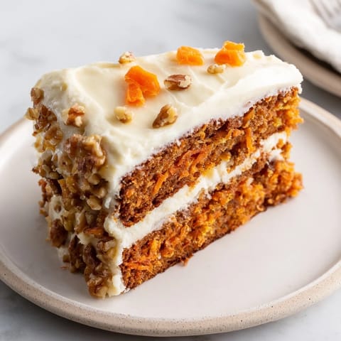 Warm spices and grated carrots fill this perfect carrot cake, ready for serving.