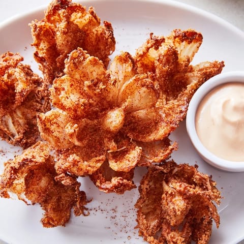 Close-up of freshly fried onion petals served with a dipping sauce, ideal for sharing.