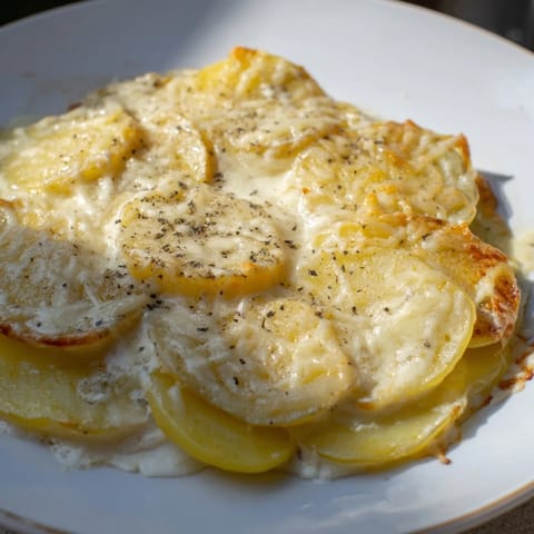 Melting cheese covers layers of tender potatoes in this classic, homemade Au Gratin Potatoes recipe.