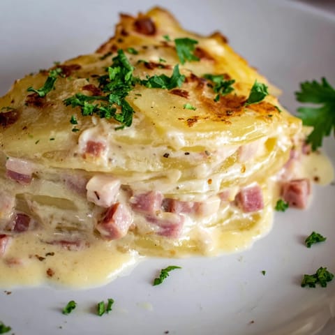 Golden, bubbly Scalloped Potatoes with Ham, a comforting dish with melted, cheesy goodness.