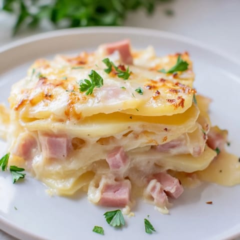 Creamy Scalloped Potatoes with Ham, baked golden brown with layers of tender potatoes and savory ham.