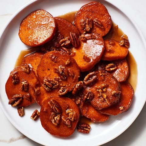 Baked Candied Yams, tender sweet potatoes simmered in a warm cinnamon-infused syrup, ready to serve.