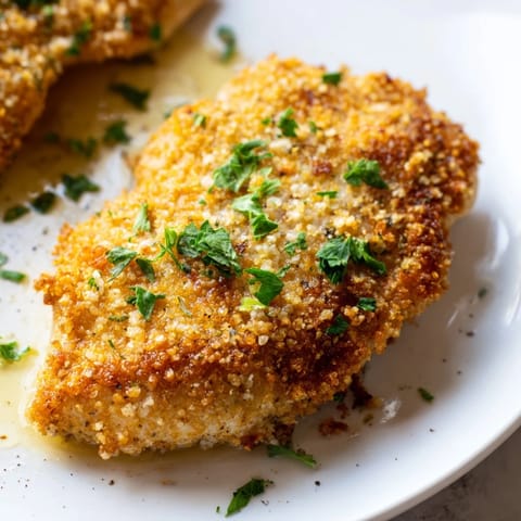 Golden-brown Roasted Garlic Parmesan Chicken breasts with a crispy, cheesy crust, resting on a baking sheet garnished with fresh parsley.  