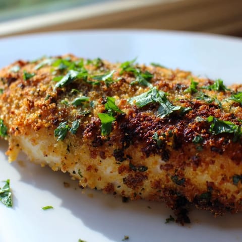 Tender chicken breasts coated in savory Roasted Garlic Parmesan Chicken, served hot with a side of steamed green beans for a wholesome dinner.  