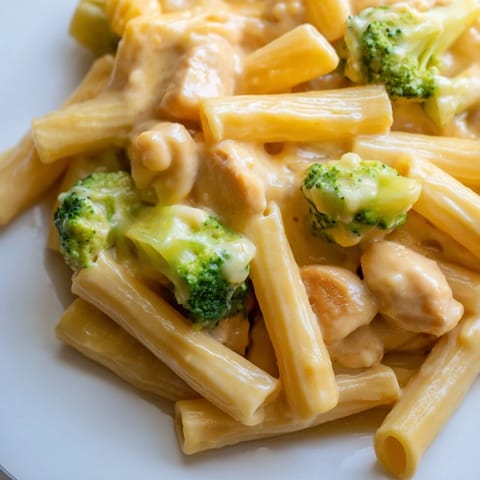 Savory Chicken Broccoli Cheddar Pasta served hot, featuring a thick, velvety cheese sauce coating every noodle and vegetable.  