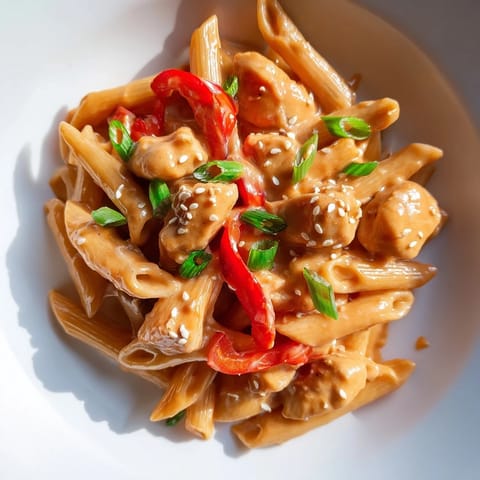 Creamy Sweet Chili Chicken Pasta with tender chicken, red bell peppers, and a vibrant, glossy sauce garnished with fresh cilantro.