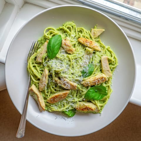 A close-up of Creamy Avocado Chicken Pasta reveals juicy sliced chicken nestled among al dente noodles coated in herb-flecked avocado sauce.