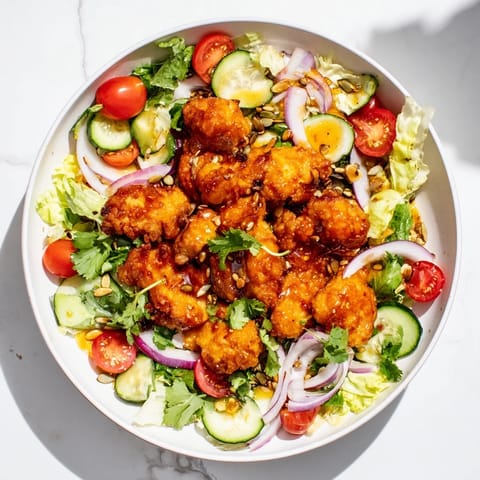 Golden crispy chicken strips glazed with spicy hot honey rest on a fresh bed of chopped romaine, cucumber, and cherry tomatoes.  