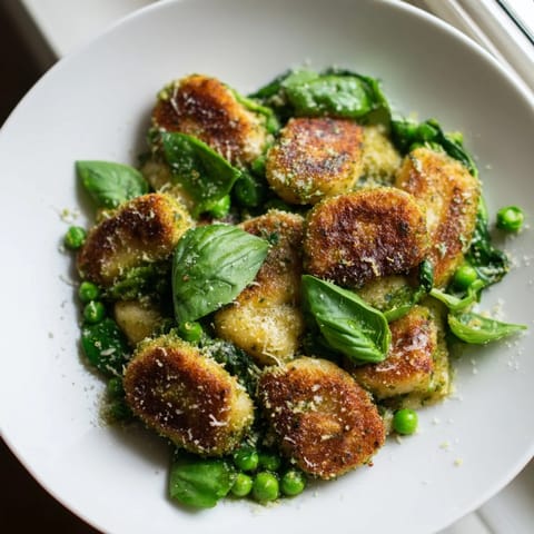 Crispy golden gnocchi tossed with vibrant basil pesto and sweet green peas in a steamy skillet, ready for a quick weeknight dinner.  