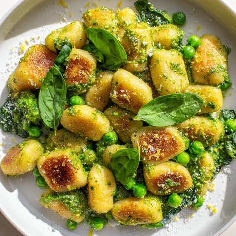 A close-up of Pesto Pea Gnocchi Skillet, garnished with fresh basil and grated Parmesan, highlighting its colorful, saucy texture.  