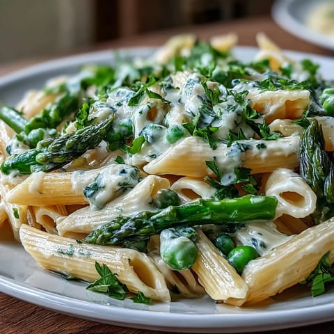 Overhead view of Garlic Parmesan Spring Vegetable Pasta plated in a white dish, showing tender spring vegetables and grated Parmesan, ready to be enjoyed.