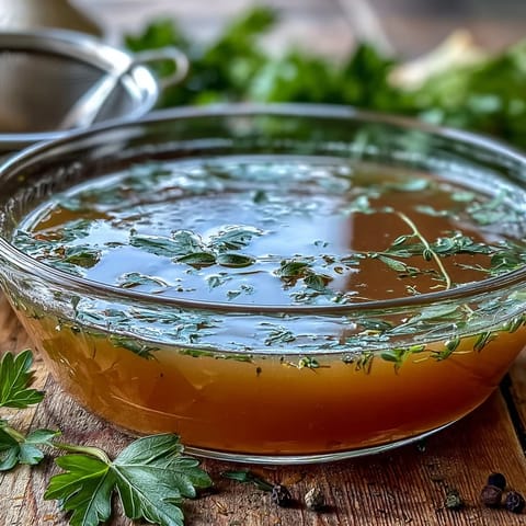 A fine-mesh sieve strains Vegetable Broth From Scraps into a glass bowl, revealing a clear, flavorful broth for soups.