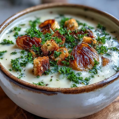 A close-up of a creamy Roasted Garlic Soup in a rustic bowl, garnished with fresh parsley and golden croutons, steam rising invitingly.