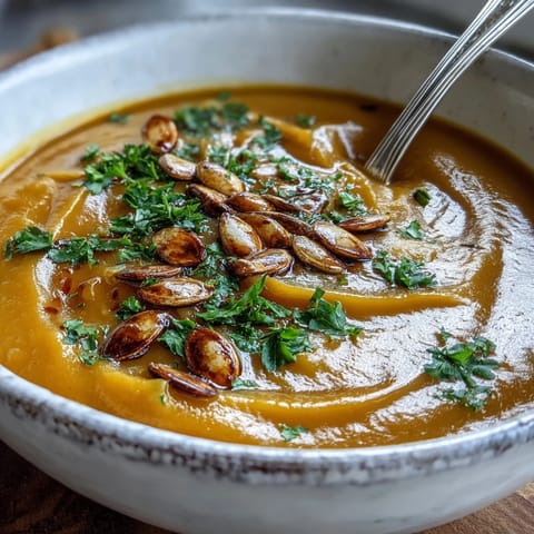 A warm bowl of creamy butternut squash and apple soup garnished with toasted pumpkin seeds and fresh parsley.  