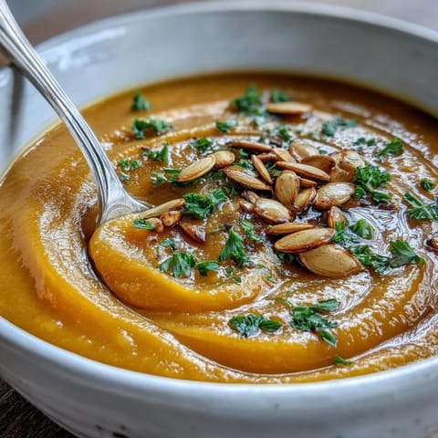 Velvety butternut squash and apple soup, served steaming in a rustic bowl with a swirl of cream.  