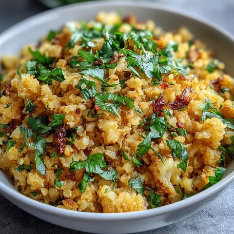 A close-up of vibrant golden Turmeric Cauliflower Rice garnished with fresh cilantro and lemon wedges.