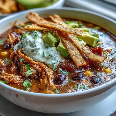A steaming bowl of Instant Pot Chicken Tortilla Soup, garnished with fresh avocado slices and crispy tortilla strips.  