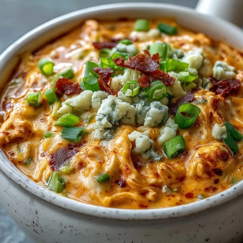 Creamy Crock Pot Buffalo Chicken Dip Soup with shredded chicken, cheddar, and green onions.  