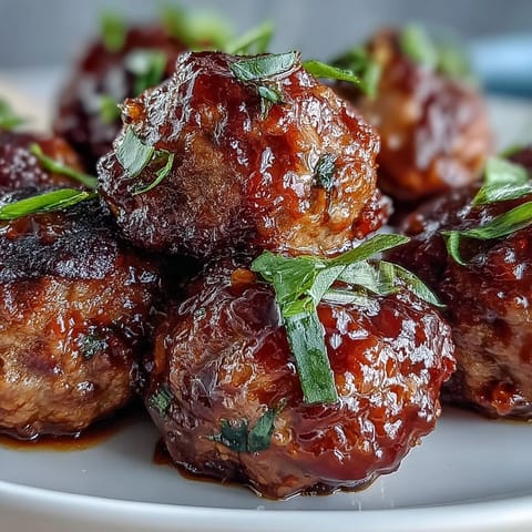 Tender Slow Cooker Peach Glazed Meatballs coated in sticky, sweet-and-tangy sauce, served hot as a crowd-pleasing party appetizer.