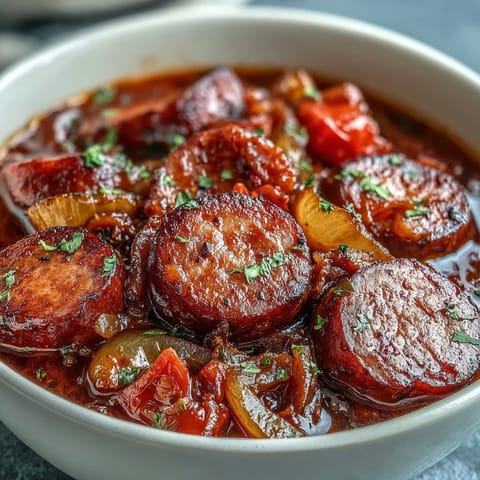 Steaming Crock Pot BBQ Cocktail Sausage Soup ladled into a white bowl, featuring tender sausage pieces, red bell peppers, and onions in a rich, tangy broth.