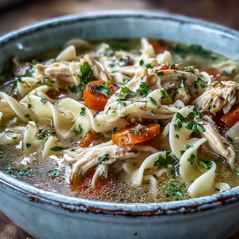 Steaming Instant Pot chicken noodle soup with tender shredded chicken, carrots, and celery in a savory broth.