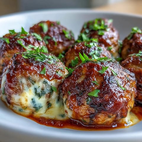 A skillet of Cheesy, Garlicky Meatballs With Marinara, bubbling with mozzarella and garlic, served over pasta.