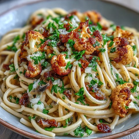 Whole wheat spaghetti tossed with savory anchovies, capers, and sweet raisins, close-up on plate.