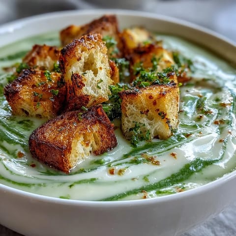 Homemade Cauliflower and Broccoli Soup blended velvety smooth, garnished with crispy croutons on a linen napkin, perfect for a cozy vegetarian dinner.