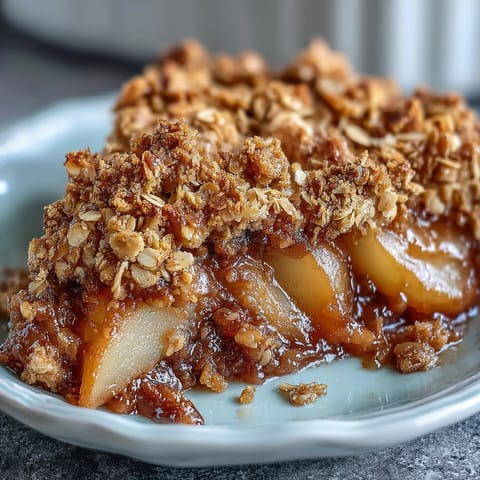 Golden brown Pear Crumble bubbling in a 9-inch baking dish, with steam rising from tender pear slices.