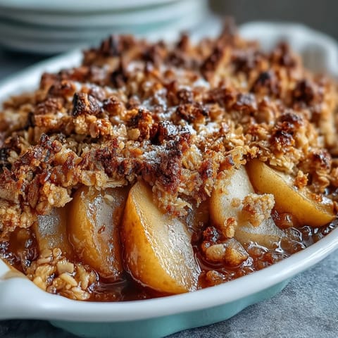 Homemade Pear Crumble served warm in a white bowl, topped with melting vanilla ice cream and a drizzle.