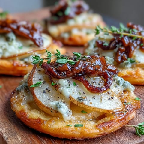 Golden-brown Pear, Gorgonzola, and Pickled Walnut Pizzettes on a wooden board, garnished with fresh thyme.