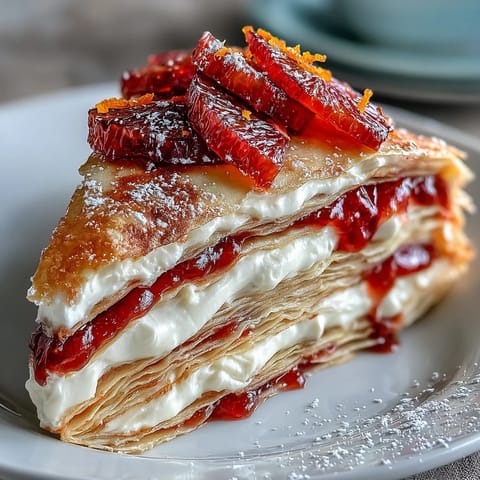 Blood Orange Curd Crêpe Cake layered with delicate crêpes and tangy citrus filling, topped with fresh blood orange slices and edible flowers.