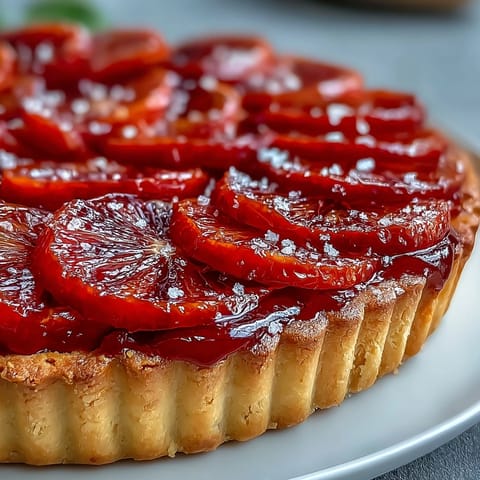 Golden Blood Orange Tarts with silky vanilla custard and glistening citrus slices are arranged on a rustic wooden board.