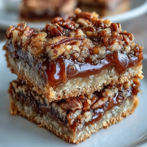 Golden-brown Decadent Sweet and Chewy Turtle Bars topped with chopped pecans and drizzling caramel on a rustic table.