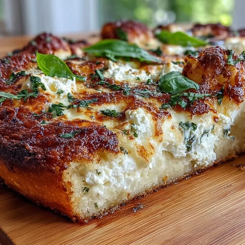 Hot Honey Ricotta Pizza slices resting on a wooden board, featuring fluffy dough, melted cheese, and a drizzle of red pepper honey.
