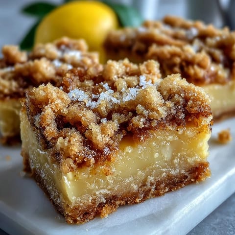 Freshly baked Homemade Lemon Crumb Bars showcase bright yellow citrus filling bubbling through golden, buttery crumb topping in a square pan.