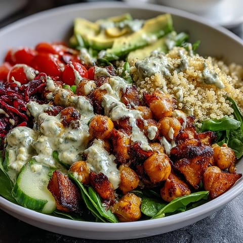 Golden roasted sweet potatoes, crunchy chickpeas, and crisp fresh veggies are arranged over quinoa, all drizzled with a creamy garlic tahini dressing in a bright bowl.