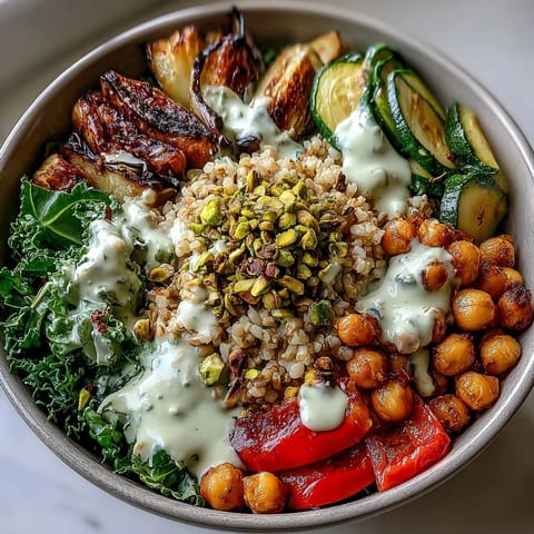 A close-up of creamy tahini dressing drizzled over steamed kale, chickpeas, and sweet peppers in a Mediterranean Buddha Bowl.