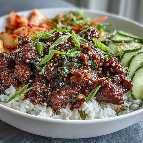 Steaming white rice base holds the savory Korean Beef Bowl, garnished with radish slices and tangy kimchi for a vibrant weeknight meal.