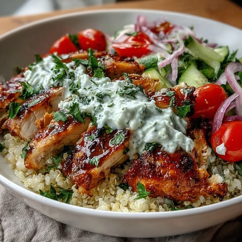 Vibrant Greek Chicken Power Bowl featuring juicy grilled chicken, fluffy quinoa, crisp vegetables, and a dollop of creamy tzatziki.
