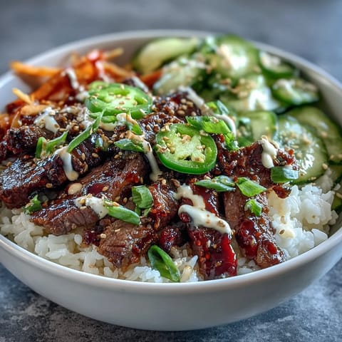 Freshly seared Korean Beef Power Bowl with sesame-ginger beef, fluffy rice, pickled carrots, and creamy sriracha mayo drizzle.
