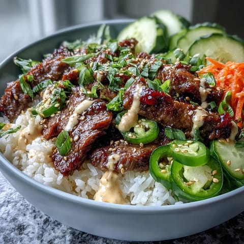 A close-up of the Korean Beef Power Bowl, featuring juicy marinated beef, crisp cucumbers, and spicy jalapeño slices on rice.