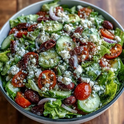 A vibrant Greek Salad Bowl with crisp romaine, cherry tomatoes, cucumbers, and briny Kalamata olives topped with crumbled feta.