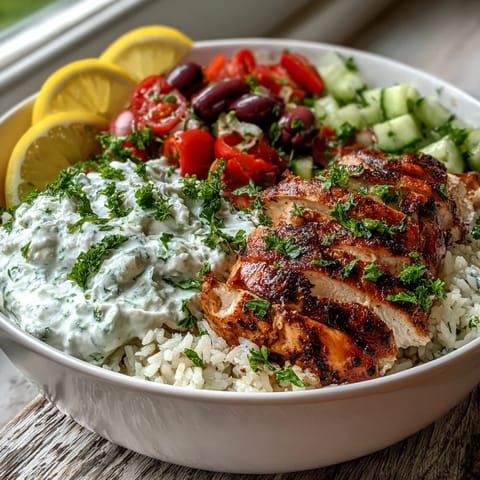 Vibrant Greek Chicken Bowl with juicy marinated chicken, herbed rice, and fresh tomato-cucumber salad, topped with creamy tzatziki sauce.