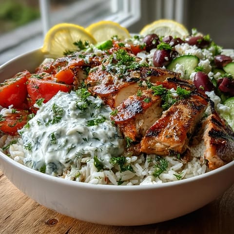 Generous Greek Chicken Bowl topped with briny Kalamata olives and a dollop of cool tzatziki, served with lemon wedges.