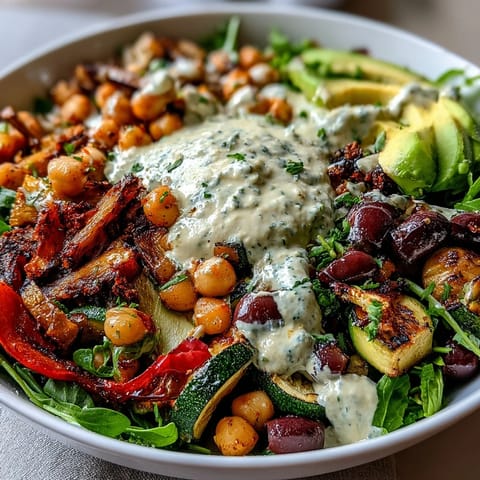 A colorful vegan Mediterranean Buddha bowl with roasted vegetables, chickpeas, avocado, olives, and hummus, drizzled with creamy tahini dressing.