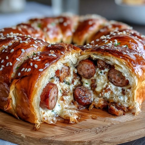 Classic pigs in a blanket with golden puff pastry and tangy mustard dip, perfect for game day snacking.  